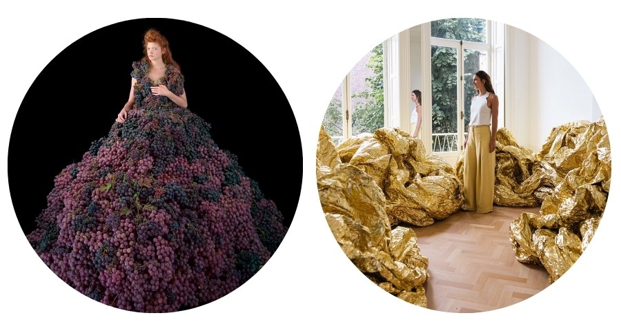 Left: Woman in a dress made of purple grapes against a black background. Right: Woman standing among large crumpled gold foil sheets in a bright room.