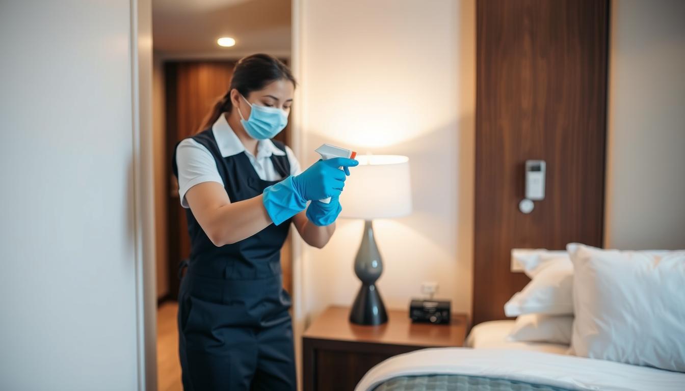 Hotel housekeeper disinfecting surfaces in a hotel room