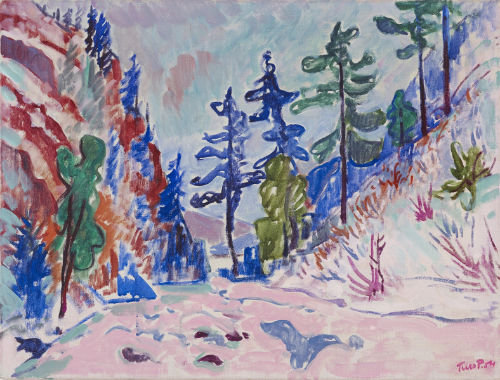 A colorful, impressionistic painting depicts a snowy landscape with pine trees and hills in vibrant shades of blue, purple, green, and red.